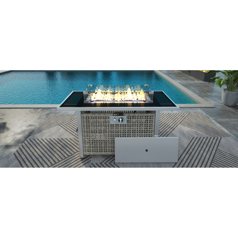 43" Rectangular Grey Open Weave Propane Fire Pit Table, 60000 , With Blue Glass Stones, Tempered Wind Guard, And 20Lbs Storage For Outdoor Parties Gas Removable - Rust Lid, Bohemian Style Deck