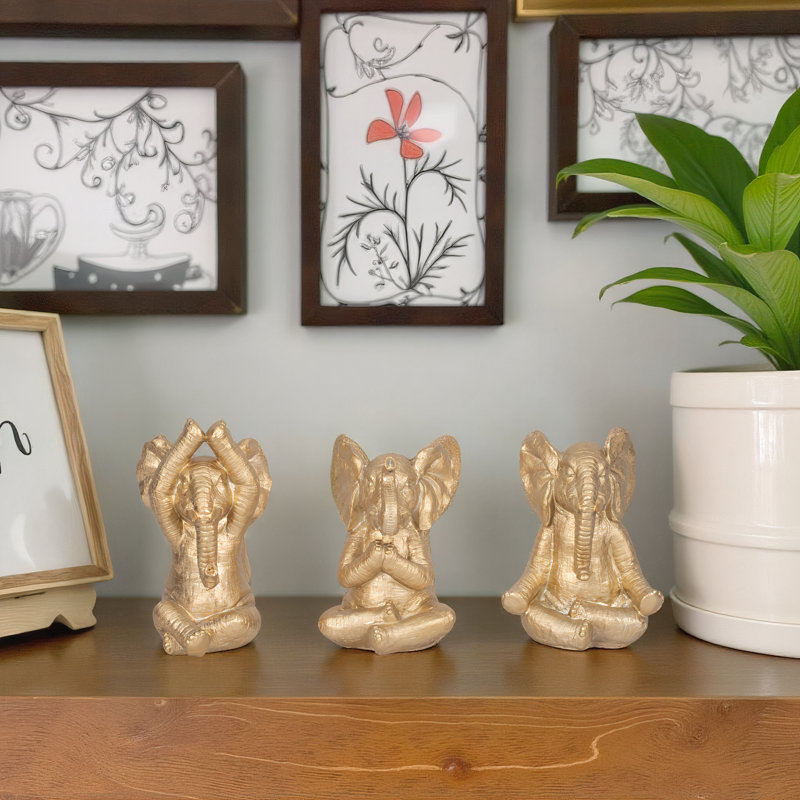 Decorative Resin Elephant Figurines with Yoga Poses, Set of 3, Gold