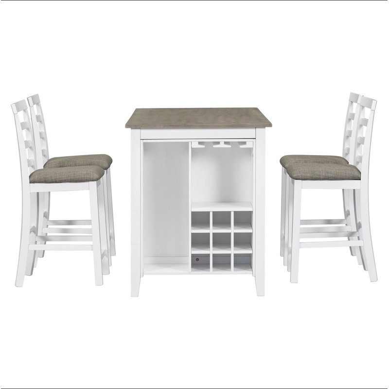 Ensemble de salle à manger 5 pièces multifonctionnel en bois d'hévéa à hauteur de comptoir avec chaises rembourrées et compartiment à vin intégré à 9 bars, porte-verres à vin pour la salle à manger
