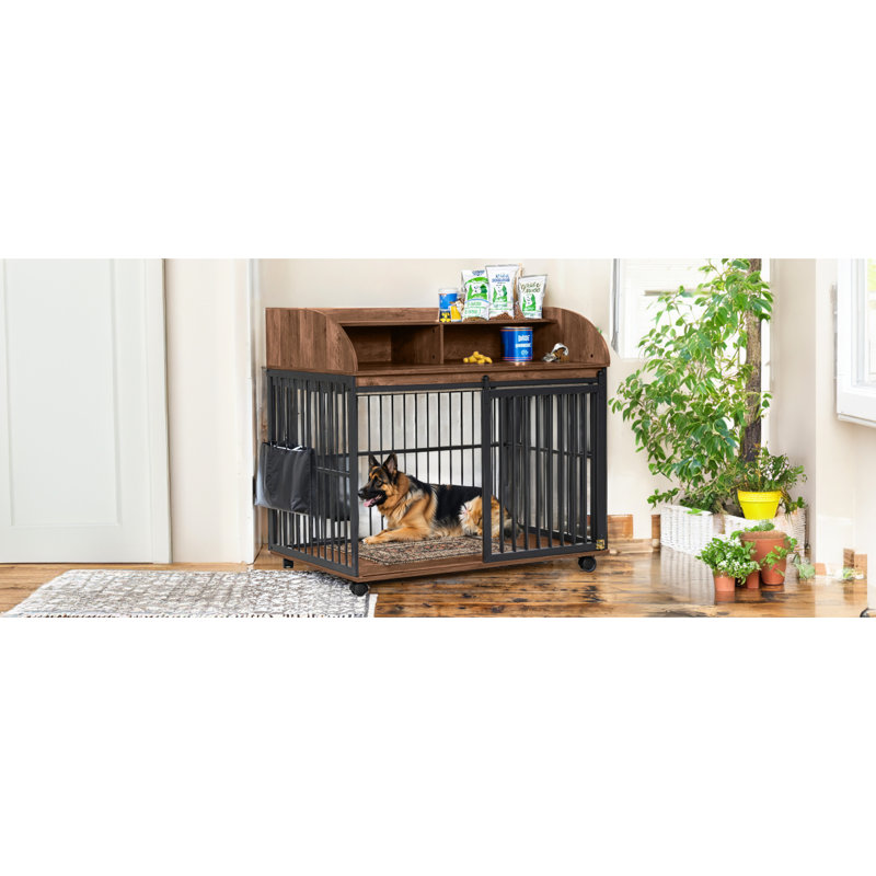 Élégant cage de dégagement pour chien brun - roues verrouillables, rangement double couche pour chiens de taille moyenne, chenil spacieux adapté