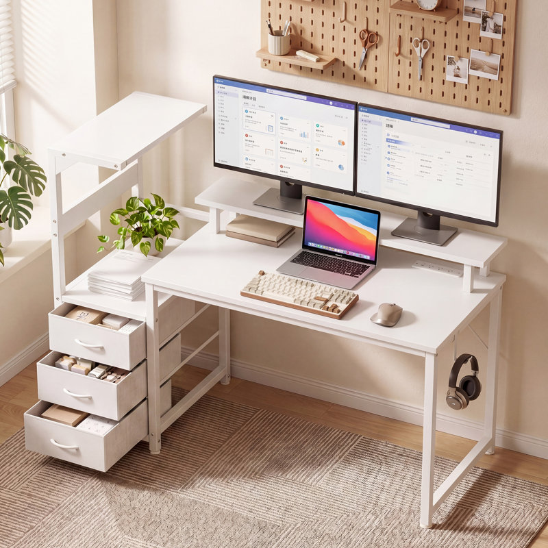 52 Inch Fixed Office Desk, 3 Drawer Side Storage Shelf with LED Lighting & Power Strip, 45.3" H x 52" W x 50.5" D, White