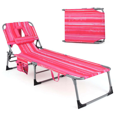 Outdoor Beach Lounge Chair Folding Chaise Lounge with Pillow Light Pink