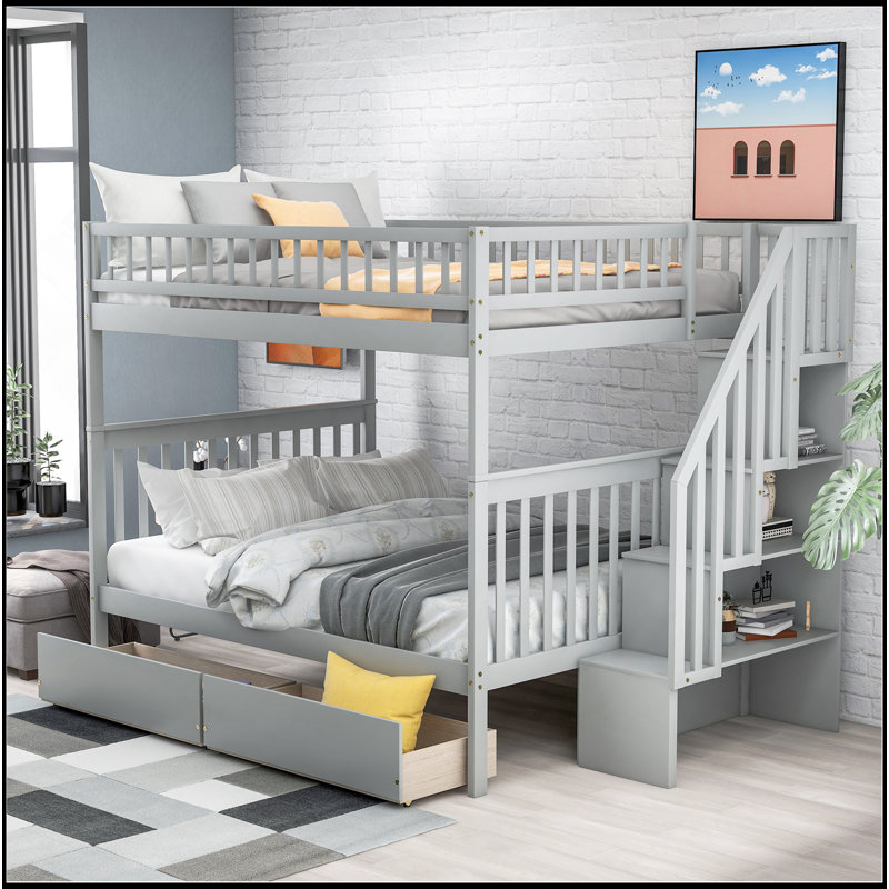 Lit superposé double au-dessus de double avec deux tiroirs et rangement, Gris