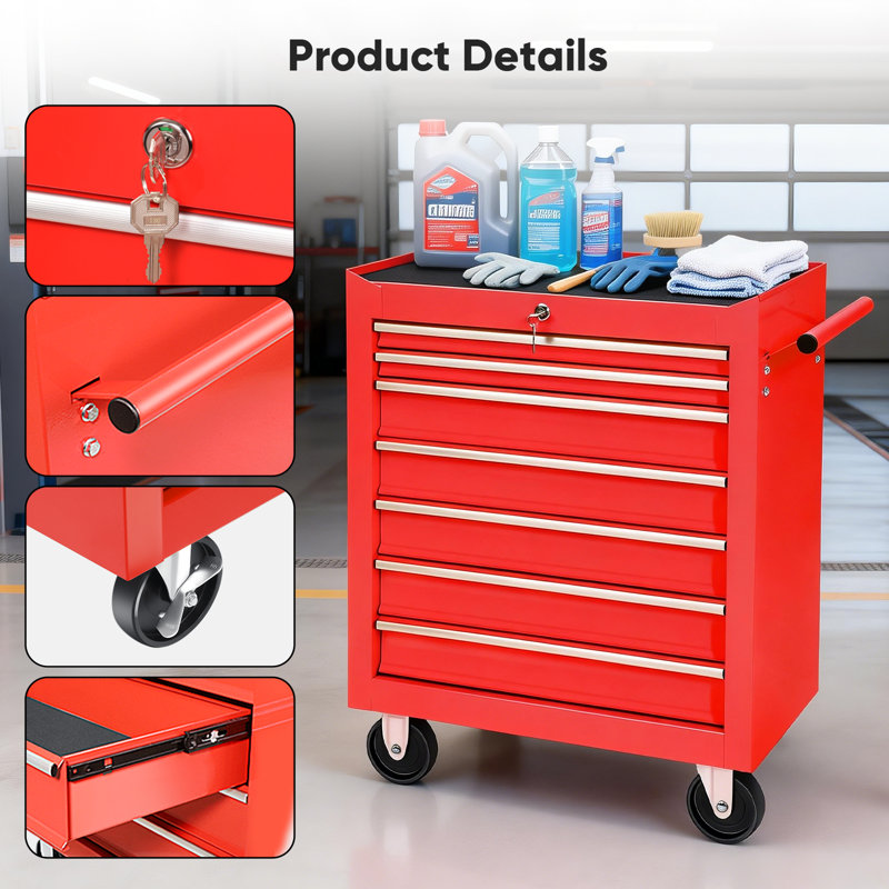 7-Drawer Plastic Top Rolling Tool Cabinet 450 Lbs Capacity Locking Steel Cabinet For Garage & Workshop