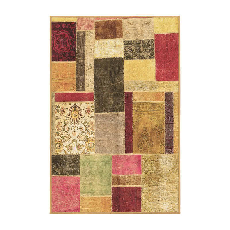 Tapis jaune / gris en laine tissé à la machine Patchwork, Rectangle 8 pi x 12 pi