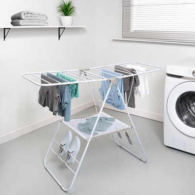 Séchoir à linge pliable, finition blanche, capacité de 50 lb, conception Gullwing, grande taille portative, fabrication en métal robuste, style moderne peu encombrant
