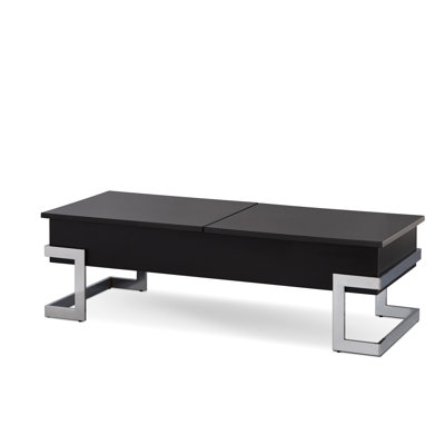 Élégante table basse noire ultra brillante avec fonction de levage et compartiments cachés