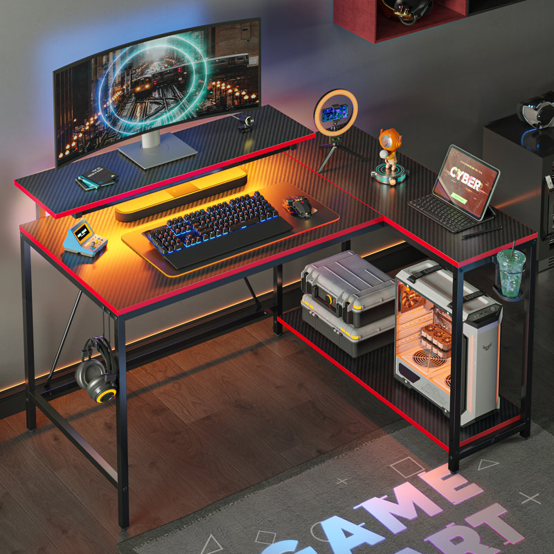 Bureau de jeu en L 42 po réversible avec lumières DEL et support pour écran, Noir
