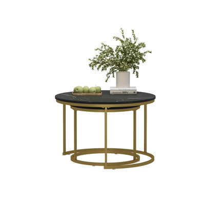 27.6in Nesting Coffee Table Set of 2, Round Coffee Table Wood Marble Pattern Top with Sturdy Metal Frame, End Table Side Tables for Living Room Bedroom Balcony Yard