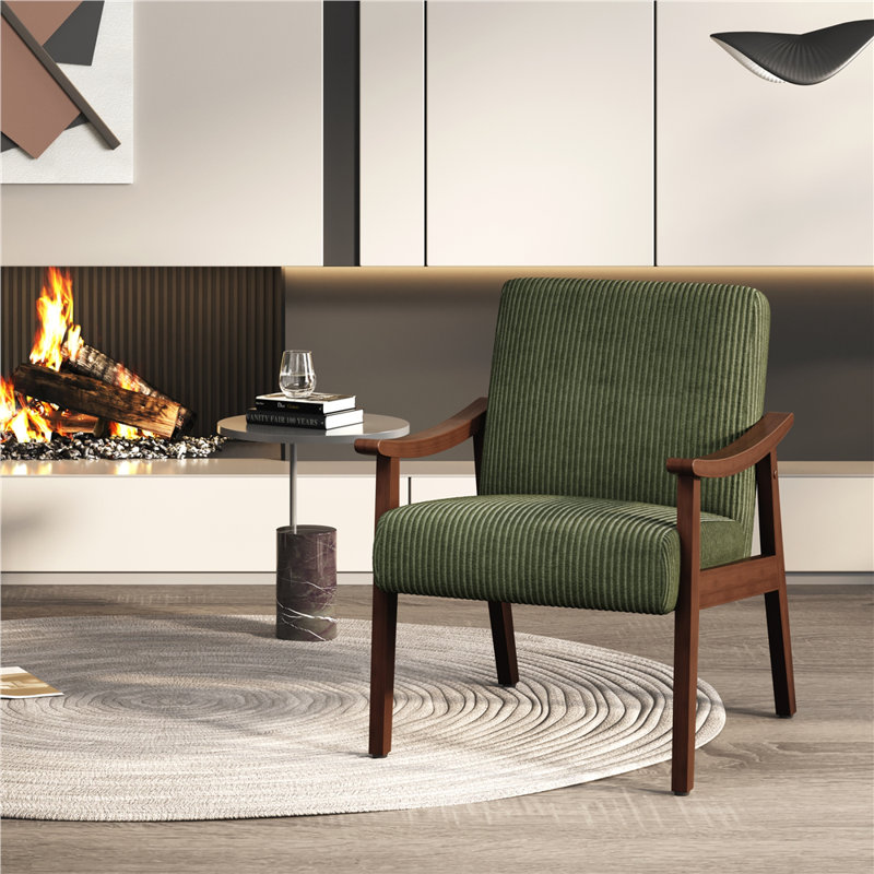 Fabric Mid-Century Modern Armchair, Dark Green Corduroy/Espresso Wood