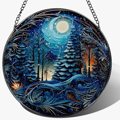 8-Inch Starry Night Forest Suncatcher Ornament, Stained Glass Window Hanging & Stained Glass Holiday Ornament, Sun Catcher Window Decor — Magical Gift For Nature Lovers, Gifts For Christmas & Holidays