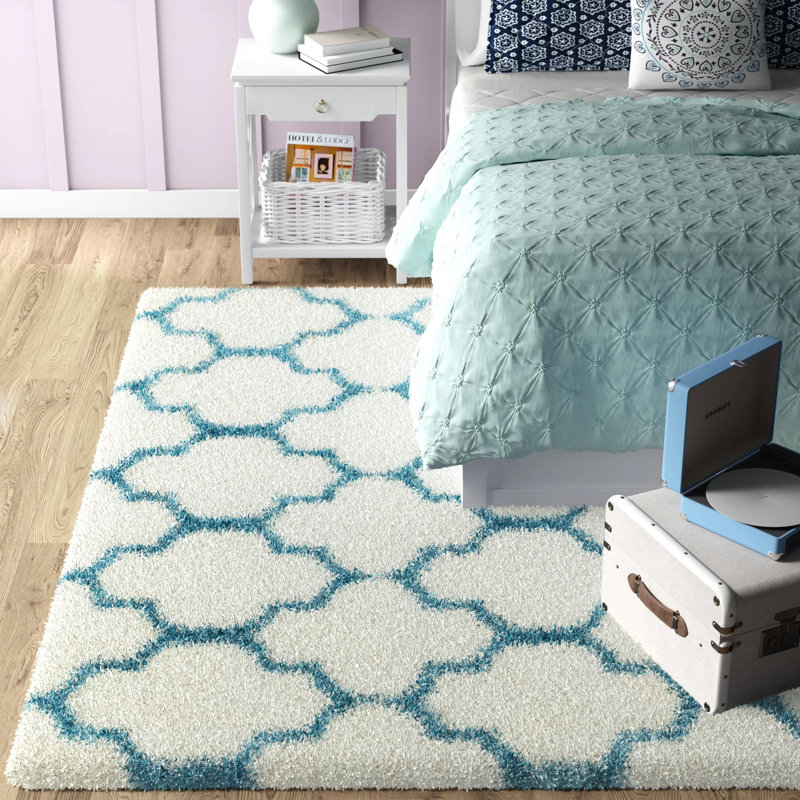 Tapis ivoire / bleu sarcelle à motif géométrique Alvarez, Rectangle 8 pi x 10 pi