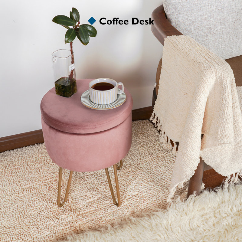 Velvet Storage Upholstered Accent Stool, Pink