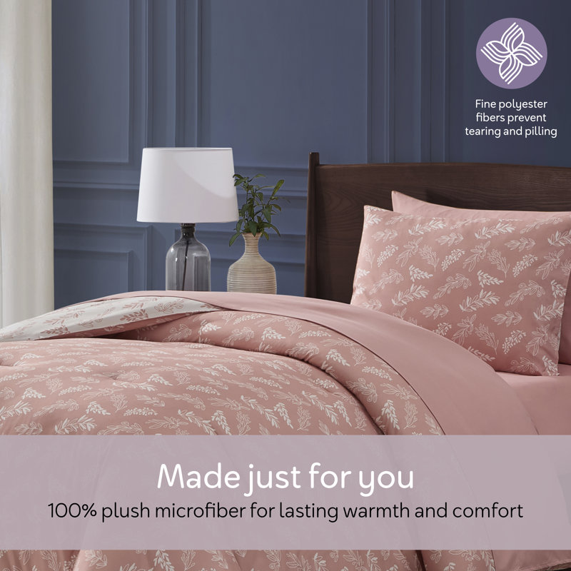 Nestl Botanical Bed in a Bag 5 piece Comforter Set with Sheets & Pillow Shams, Bali Blush/Porcelain Glow