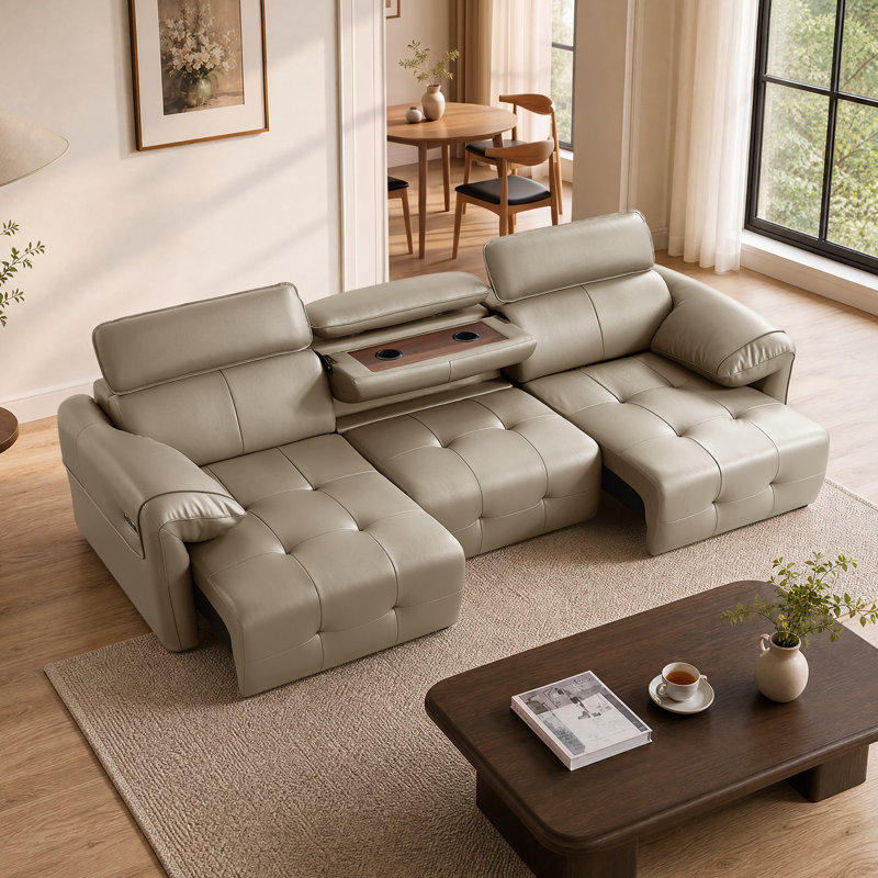 Canapé-lit modulaire escamotable électrique en cuir véritable 112 po 3 places beige, Beige