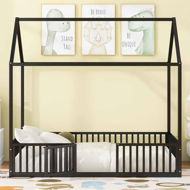 Metal House Bed With Fence, White, Full