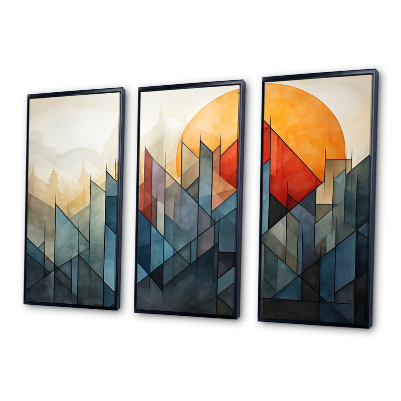 Paysage de montagne abstrait orange et vert - Art abstrait paysage mural, Cadre flottant noir, H 28 po x l 36 po x P 1 po