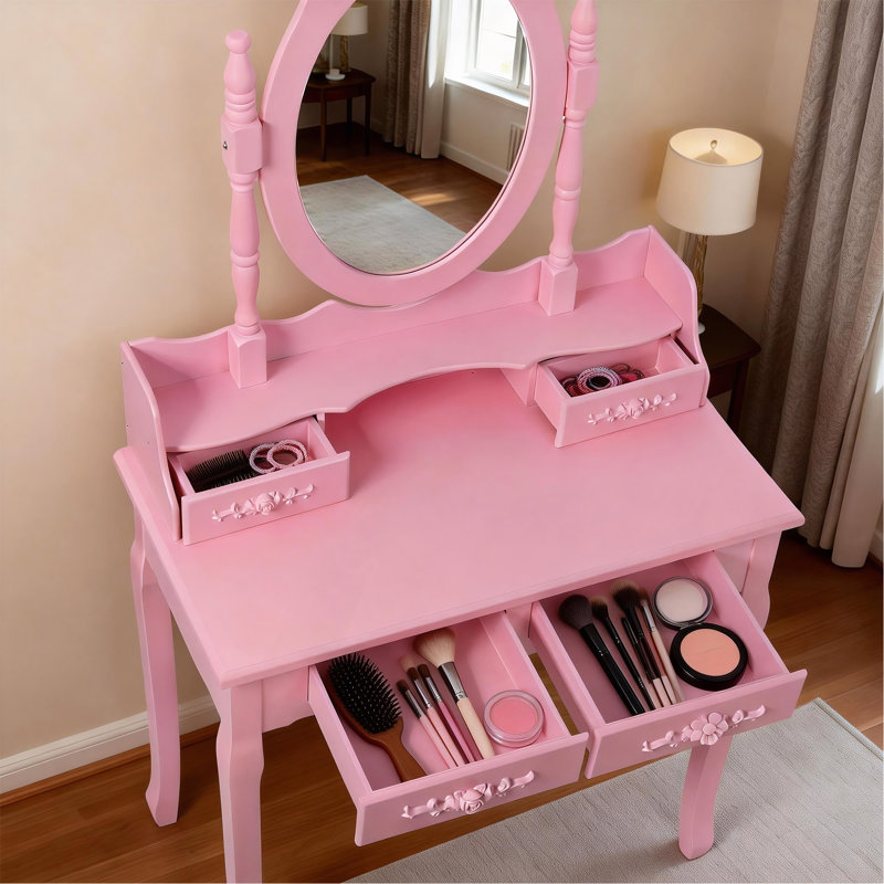Ensemble de coiffeuse avec miroir et tabouret rembourré Pink Princess, coiffeuse en bois à 4 tiroirs pour chambre de fille, coiffeuse avec beaucoup de rangement