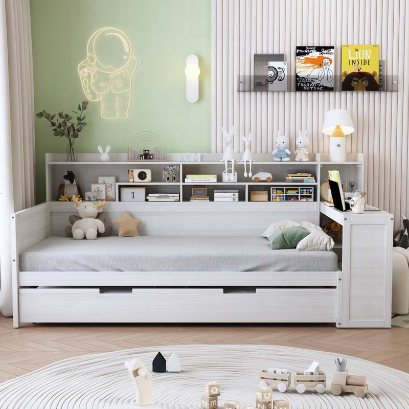 Wood Storage Daybed with Storage Shelves,Trundle Bed and Study Desk, Twin, Antique White