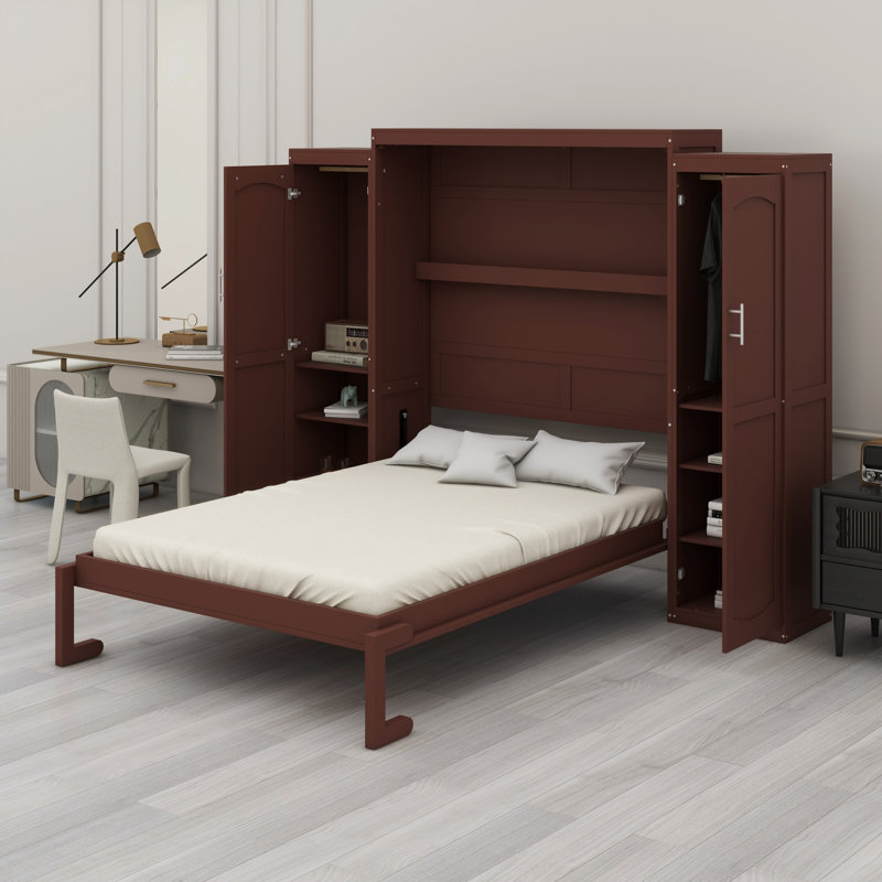 Lit escamotable avec garde-robe et tablette de rangement, Noyer