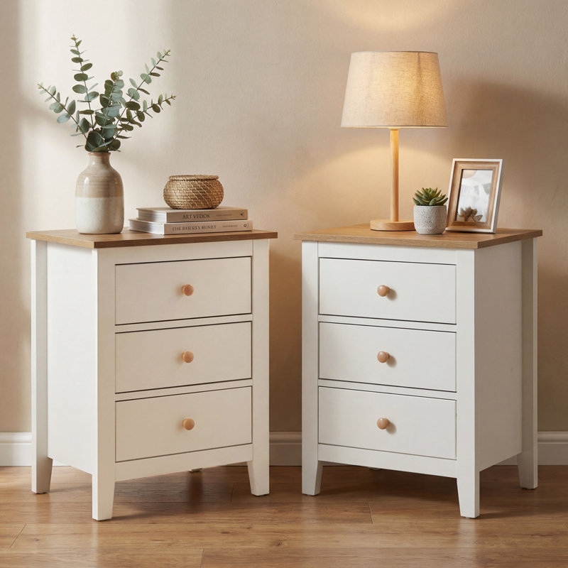 3 Drawer Nightstand Set Of 2, Bedside Tables With Solid Wood Knobs, Set of 2