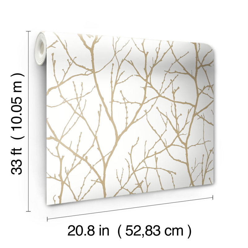 Trees Silhouette Floral Metallic Wallpaper Roll, White/Gold