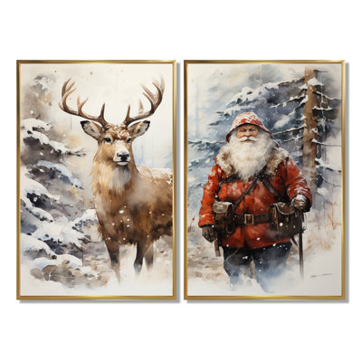 Père Noël et son cerf au pays des merveilles hivernal - Animaux, art mural cerf
