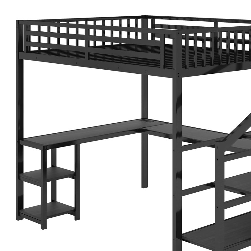Grand lit mezzanine en métal avec garde-robe et lumière DEL, grand lit mezzanine avec bureau en forme de L et port USB, Grand