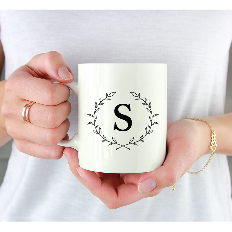 Custom Monogram Initial Coffee Mug Gift Letters A-Z, Laurel Wreath Custom 11Oz Ceramic Coffee Mug, 1-Pk, Yes