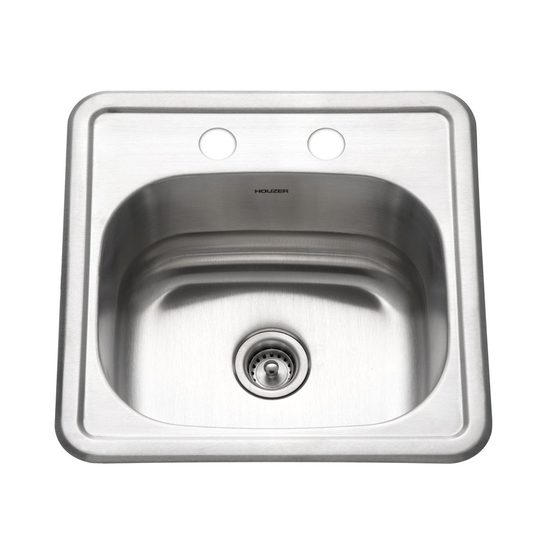 Houzer Hospitality 15 inch Stainless Topmount 2-hole 6 inch Deep Bar Sink with Strainer - 1515-6BS-C Houzer