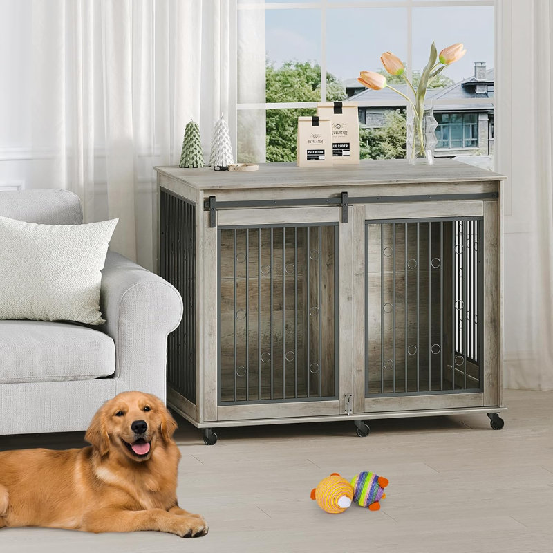 Anti-Bite Dog Crate Cage Furniture Sliding Barn Door, Dog Kennel End Table W/ Wheels & Flip-Top Plate Dog House Detachable Divider
