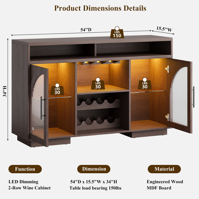Sideboard Buffet Cabinet, 54" Kitchen Cabinet With Led Lights & Arched Glass Doors, Tall Bar Cabinets With Adjustable Shelves, Wine Rack & Storage Table For Dining Room