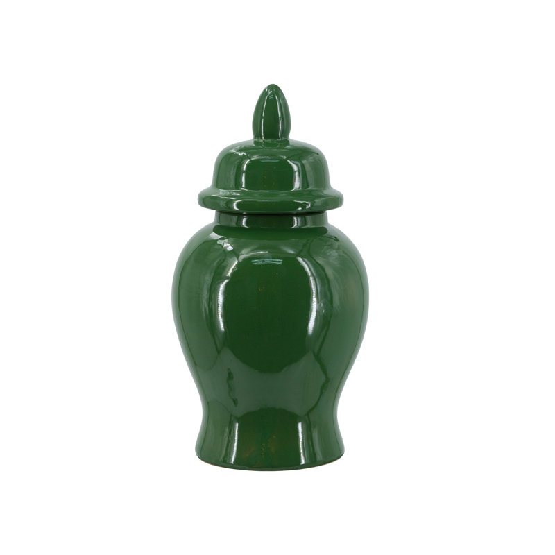 Pot à gingembre classique en céramique avec finition brillante et couvercle de faîteau, H 12,2 po x l 6,3 po x P 6,3 po, Vert