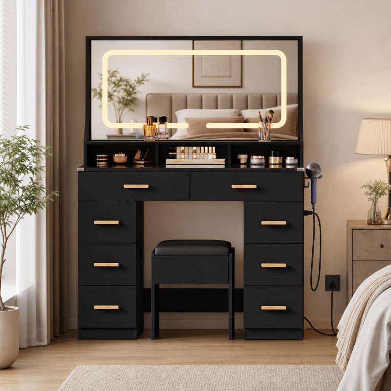 Meuble-lavabo à DEL 42 po avec grand miroir, 8 tiroirs et station de charge, coiffeuse moderne avec plateau en verre, tabouret de rangement, pour le vestiaire de la chambre à coucher