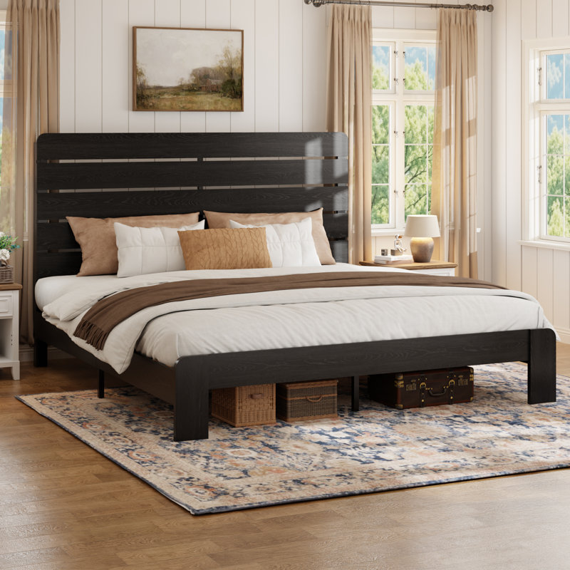 Wooden Bed Frame with Headboard, King, Black