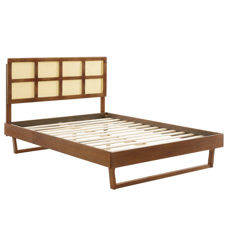 Modway Sidney Cane and Wood Platform Bed with Angular Legs, King, Walnut