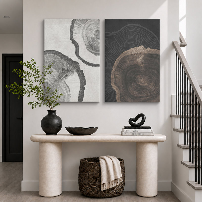 «Tree Ring», souche de bois gris, œuvre d'art neutre, photos de cabane de ferme rustique, ensemble de 2 impressions sur toile encadrées, 16 x 24 x 2, 24 x 36 x 2