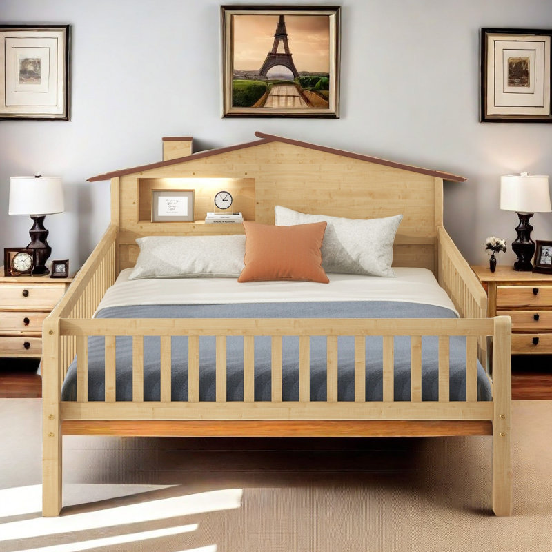 Lit plateforme avec rangement Aleczandria, Lit simple, Naturel