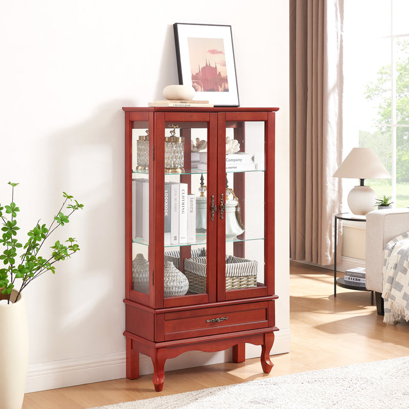 Lighted Glass Display Cabinet Glass Wine Cabinet Curio Display Cabinet With Adjustable Glass Shelves Two Doors And One Drawer Bulb Included For Home Decor And Storage