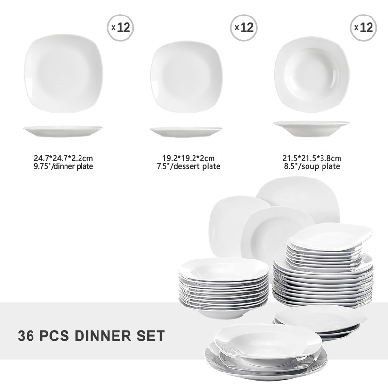 Elisa Series, 36-Piece Ivory White Porcelain China Dessert Set, Service For 12