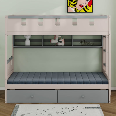 Bunk Bed With LED Lights, Wood Castle Style Bunk Bed With Storage Drawers And Shelf