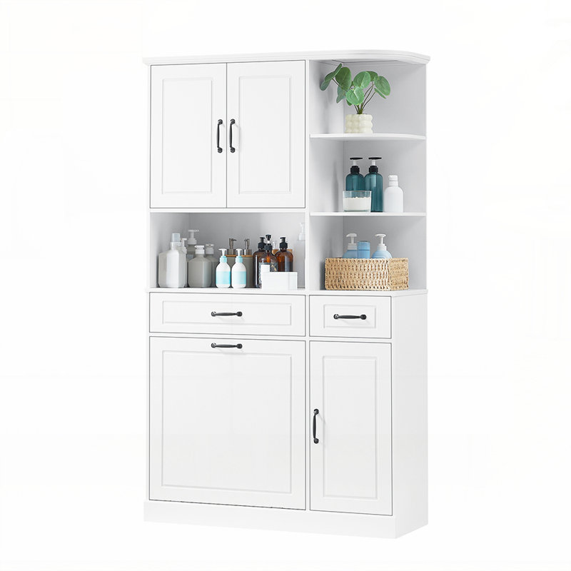Grande armoire de rangement autoportante avec tablettes réglables, tiroir rabattable et plusieurs compartiments pour une organisation moderne