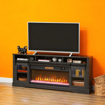 Console télé avec foyer électrique, rangement ouvert et armoires latérales