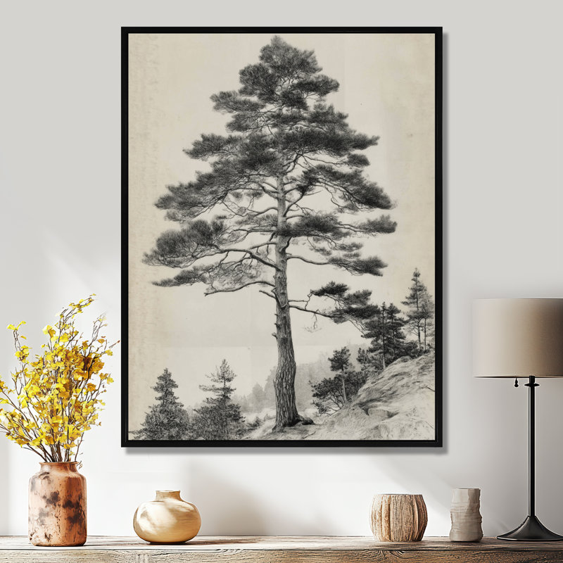 «Vintage Tall Pine Forest Tree», reproduction d'art sur toile encadrée nature noire, H 32 po x l 24 po, Cadre flottant, Noir