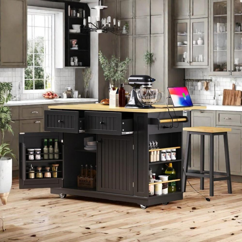 Kitchen Island with 2 Bar Stools, Black