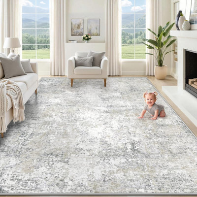 9' x 12' Modern Abstract Washable Area Rug, Neutral Soft Non-Slip Stain Resistant Indoor Rug for Living Room Bedroom, BeigeGrey