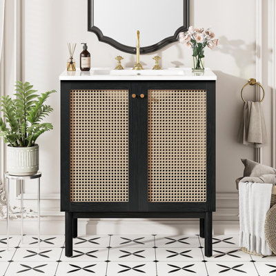 Meuble-lavabo de 30 pouces fabriqué à partir de matériaux naturels, avec des portes en rotin faites à la main et des mécanismes de fermeture en douceur