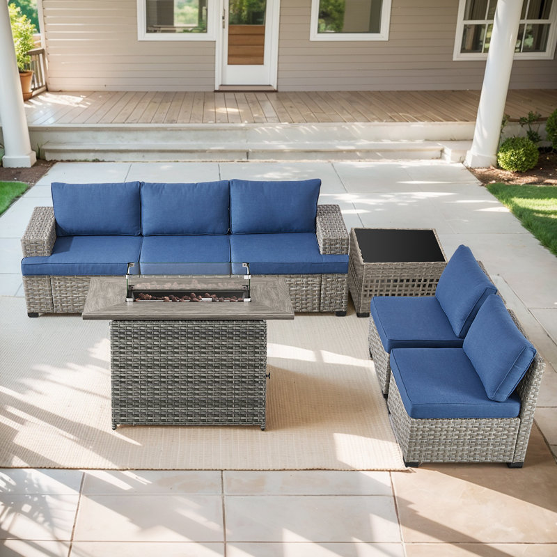 Clute Arnoltice 5 - Person Outdoor Wicker Rattan Patio Sofa Seating Group With Fire Pit, Armless Chairs And Side Table, Blue