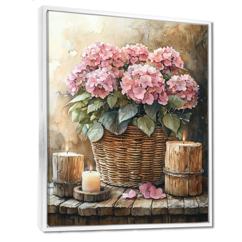 Hortensias dans un panier tressé avec bougie II - hydrangées, art mural, Reproduction avec cadre flottant, H 20 po x l 12 po