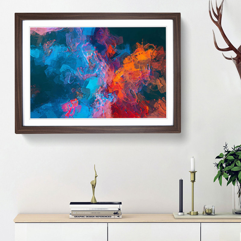 Midnight Smoke in Abstract - Picture Frame Painting Print, 27cm H x 36cm W x 2cm D, Walnut Framed